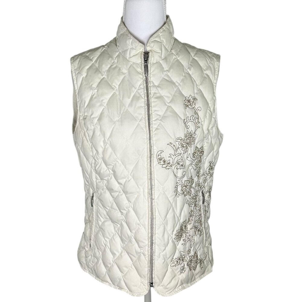 Eddie‎ Bauer Cream Goose Down Vest with Floral Embroidery- Women's Med.
